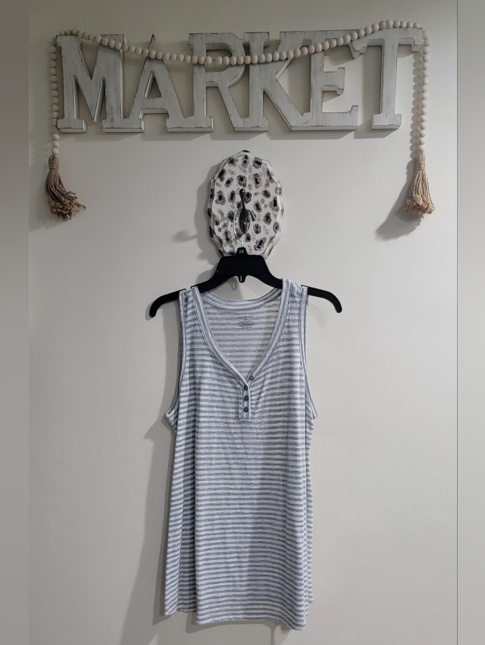 Lane Bryant Gray and White Striped Henley Tank